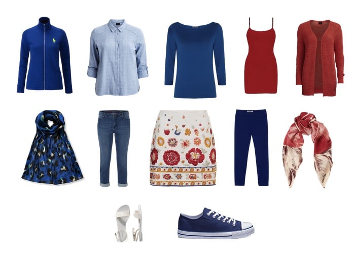 Travel wardrobe in red white and blue