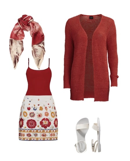 red jacket and scarf and skirt with floral pattern